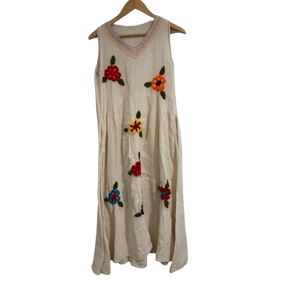 Handmade White Cotton Gauze Floral Embroidered Midi Dress Sleeveless Pockets